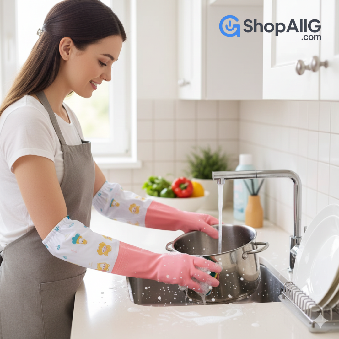 🧤 Premium Long Sleeve Rubber Cleaning Gloves – Fleece Lined, Waterproof & Durable for Dishwashing, Laundry & Kitchen Cleaning